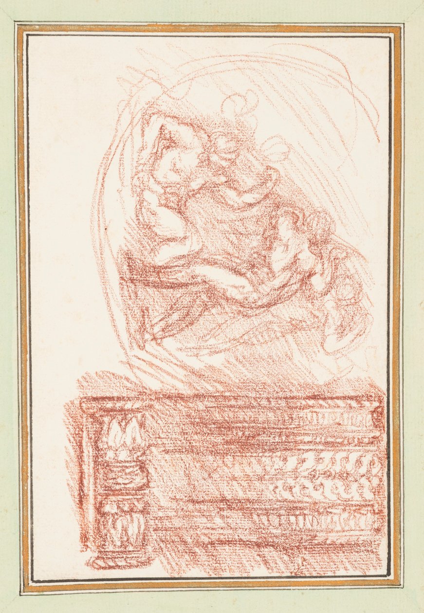 To mannsfigurer og et dekorativt motiv av Jean Robert Ango