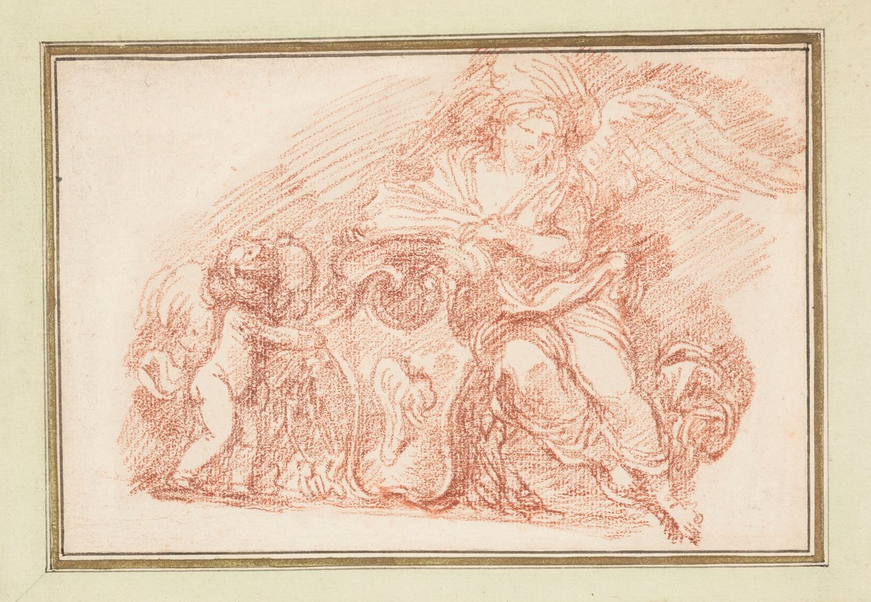 Bevinget figur og putto-støtteskjold av Jean Robert Ango