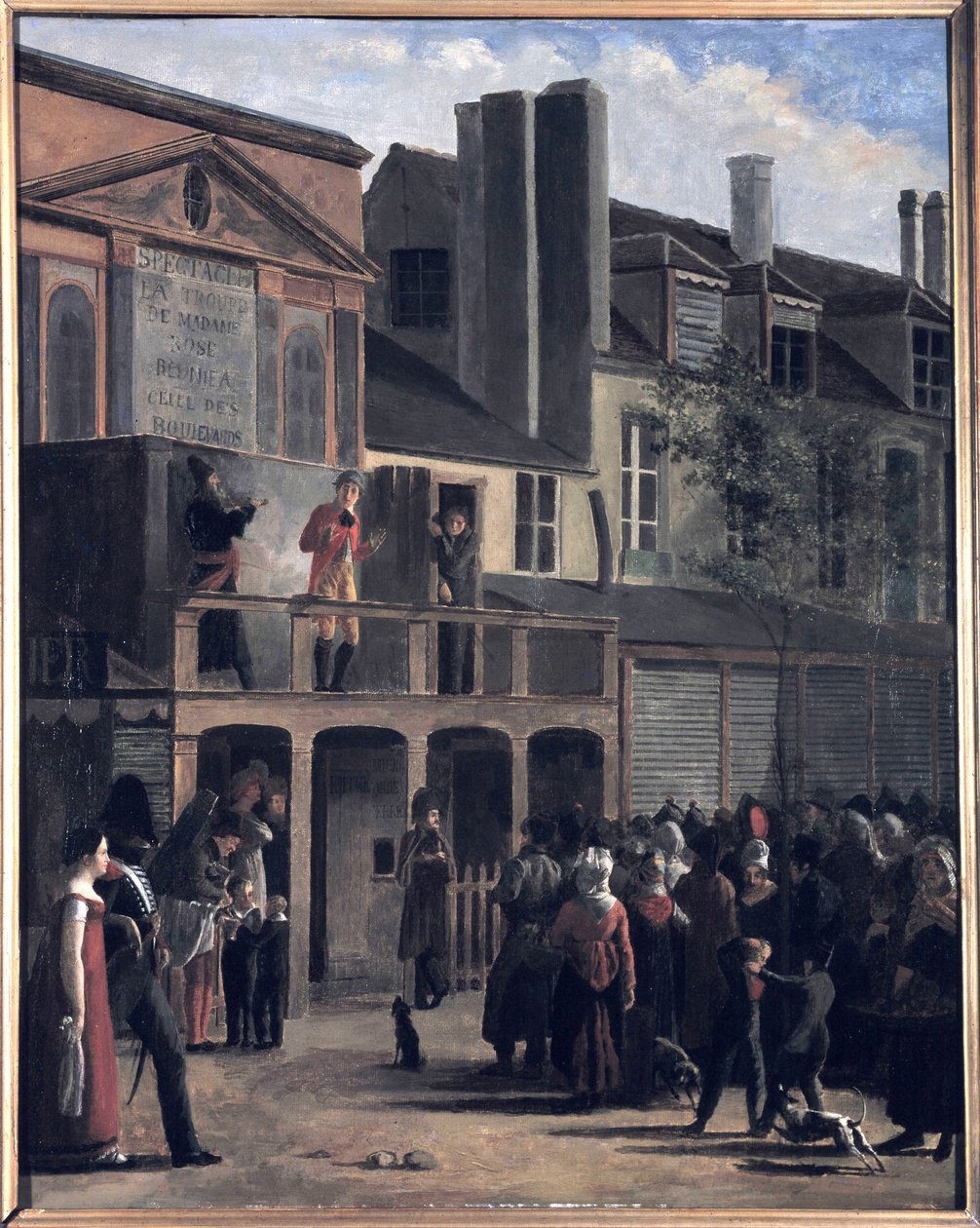La Parade de Bobèche et Galimafre, maleri av Jean Roller, som representerer en folkemengde som ser på et gateshow. Oljemaleri fra 1800-tallet. av Jean Roller