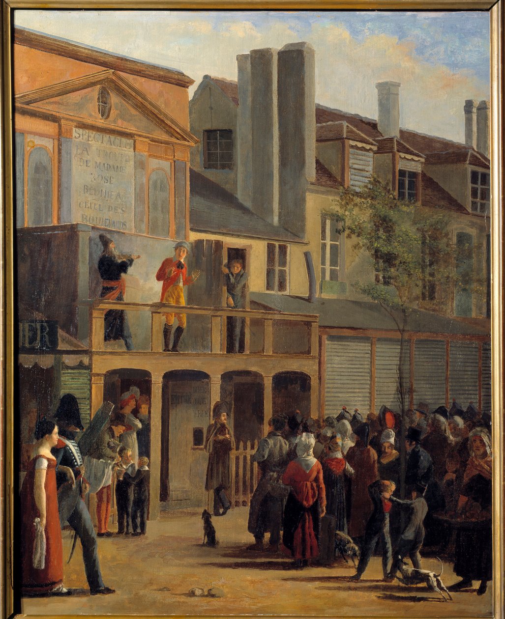 Gateteater: "" Paraden av Bobeche og Galimafre på Boulevard du Temple foran Theatre des delassements comiques"" Maleri av Jean Roller (1798-1866) 1820 Søn. 1,01x0,83 m Paris, Carnavalet-museet av Jean Roller