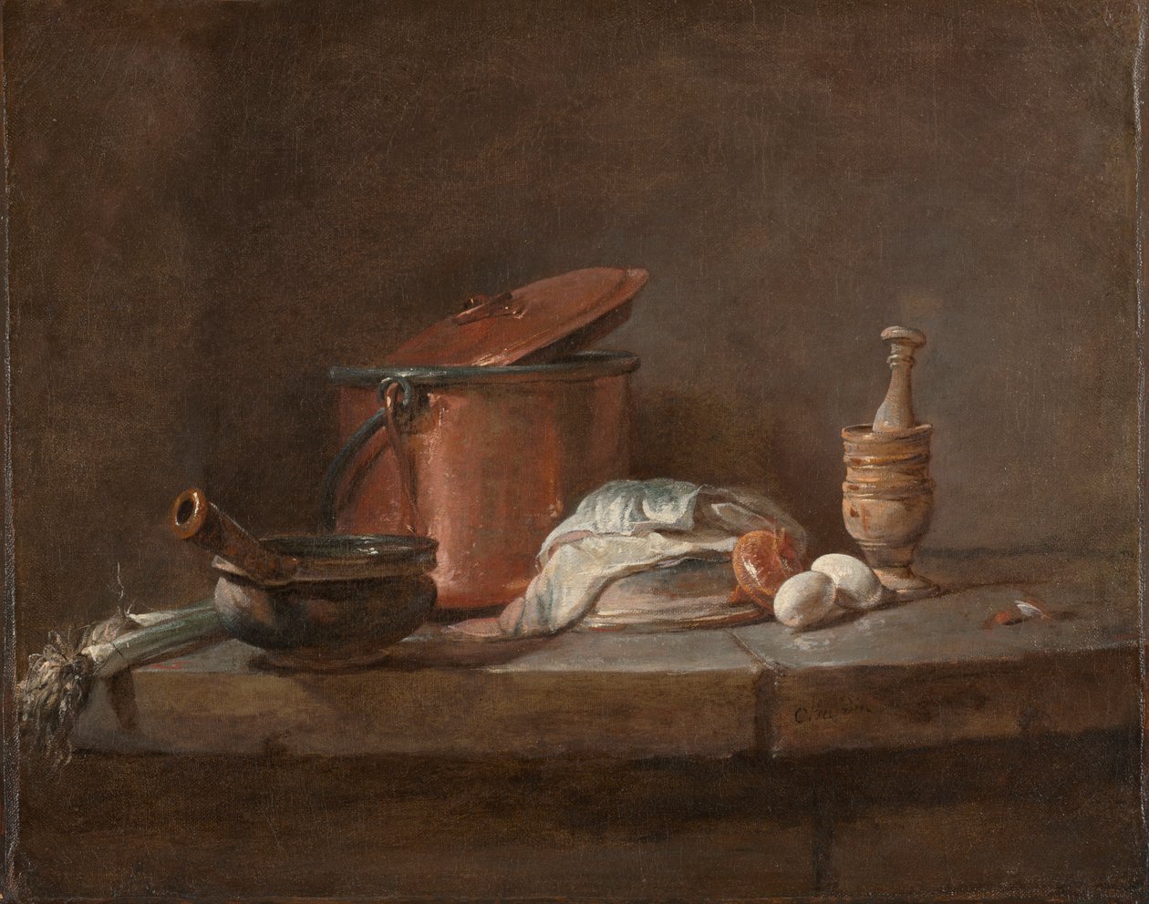 Kjøkkenutstyr med purre, fisk og egg av Jean Baptiste Simeon Chardin