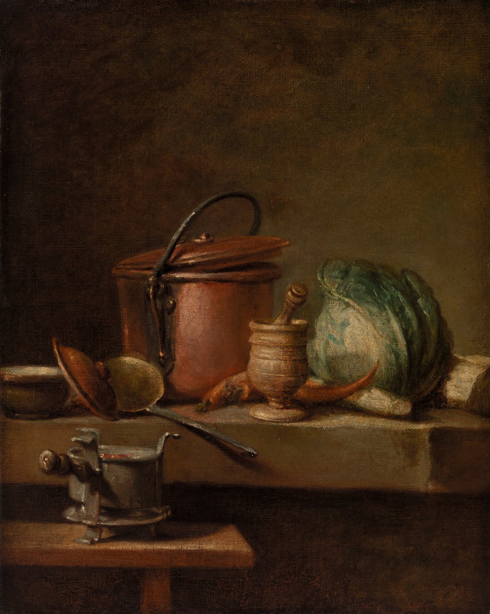 Stilleben med kobbergryte, kål, stamper og komfyr av Jean Baptiste Simeon Chardin