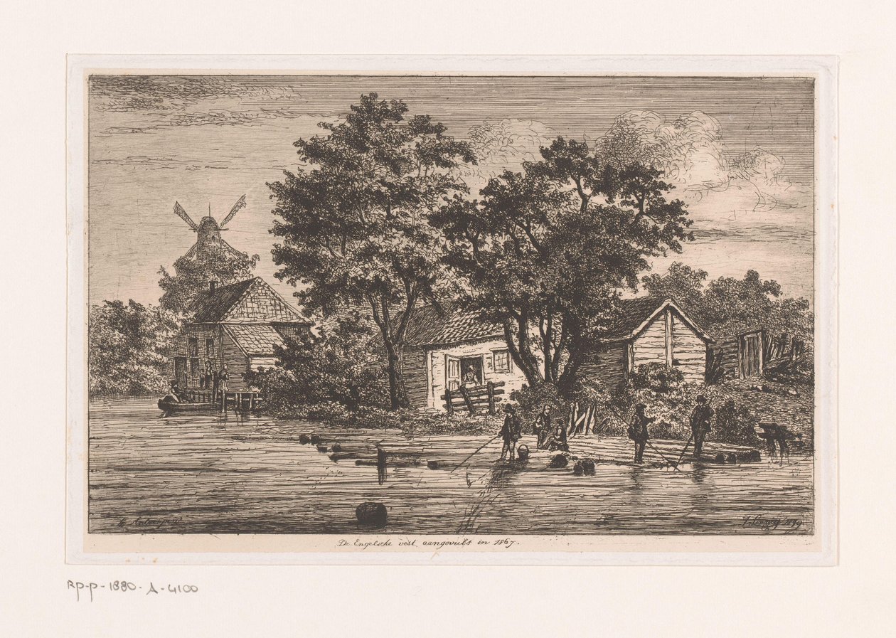 Utsikt over den engelske vesten i Antwerpen hvor trestammer er samlet, bygninger og en mølle i bakgrunnen Den engelske vesten ferdigstilt i 1867 (tittel på objekt) av Jean Théodore Joseph Linnig