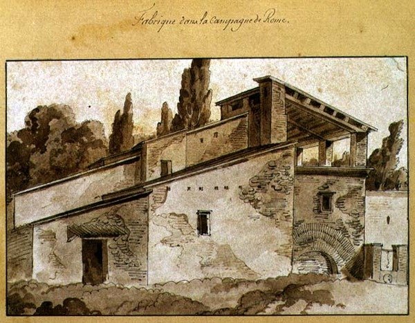 Fabrikk på landsbygda rundt Roma (penn og blekk med sepiavask på papir) av Jean Thomas Thibault