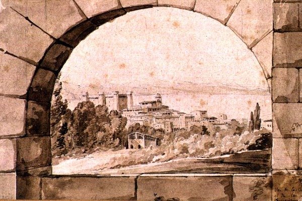 Utsikt over byen og innsjøen Bracciano, ca. 1810 (penn og sepiablekk med sepiavask på papir) av Jean Thomas Thibault