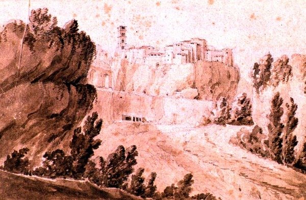 Utsikt over byen Bracciano, ca. 1810 (penn og sepia blekk og vask på papir) av Jean Thomas Thibault