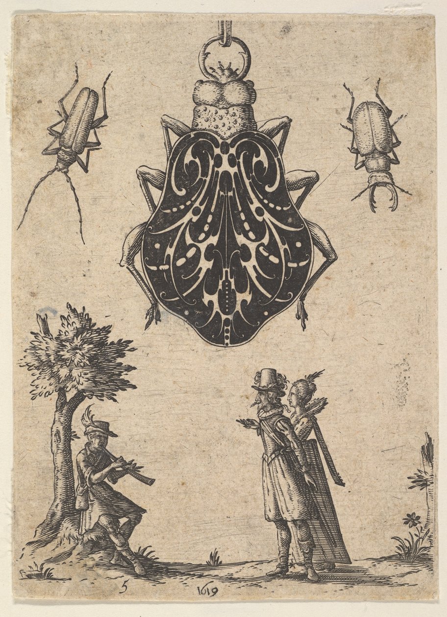 Anheng formet som en bille med et par og en ung mann som spiller et instrument, 1619. av Jean Toutin