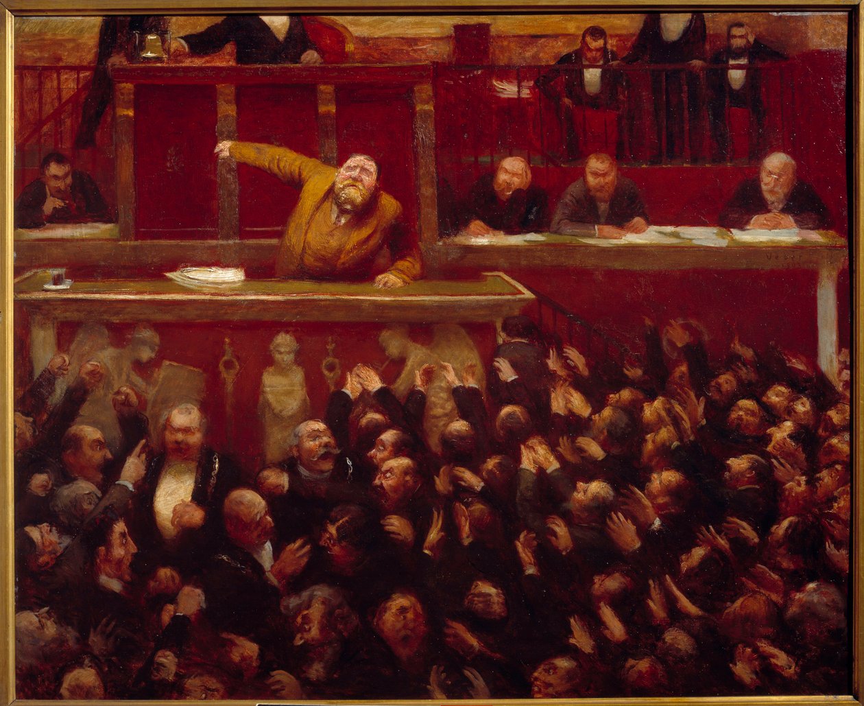 Sosialistisk stedfortreder Jean Jaures (1859-1914) ved tribunen til Deputertkammeret Maleri av Jean Veber (1868-1928) 1903 Paris, Carnavalet museum - Den franske sosialistlederen Jean Jaures (1859-1914) taler ved kammertribunen av varamedlemmer. Pa av Jean Veber