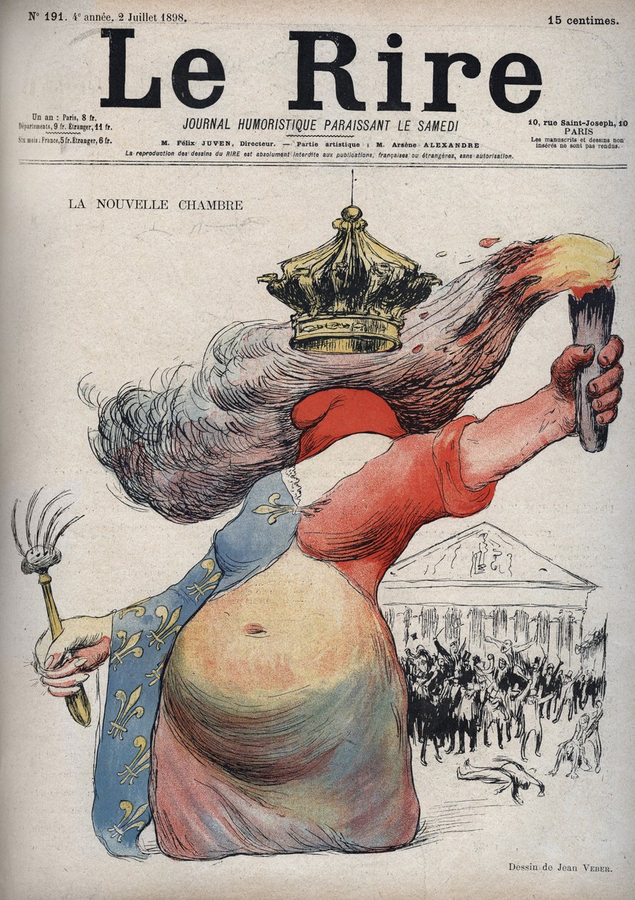 The new room - Marianne with her face covered in a phrygian cap - Marianne dressed in a dress in two parts: one red side and the other side decor with fleur-de-lis - (The cartoon refers to the political division between republicans and monarchists) - drawi av Jean Veber
