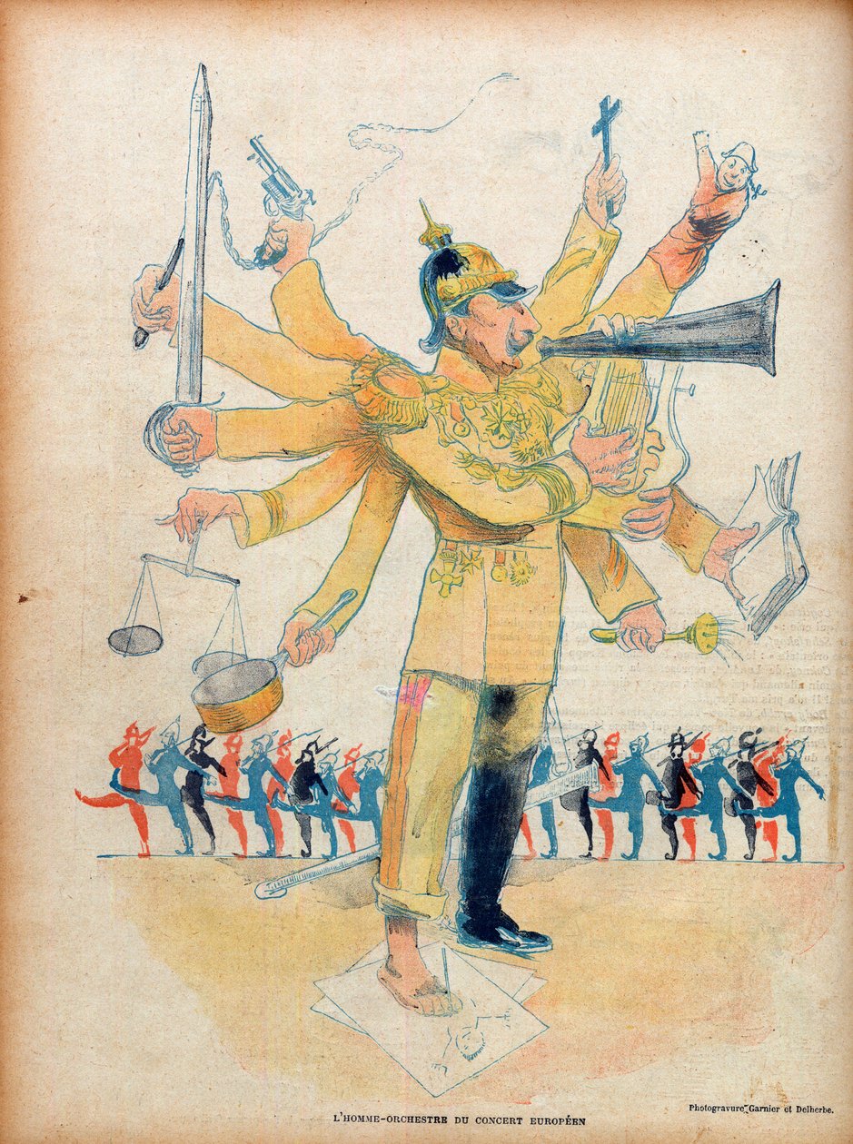 William II (1859-1941) (Kaiser Wilhelm II German emperor and King of Prussia) - the man orchestra of the European concert - caricature in “” Le Rire”” of 26 November 1898 - caricature by Jean Veber (1864-1928) - number dedicated to William II (1859-1941) a av Jean Veber