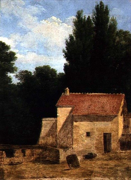 Gårdsbygning i et landskap av Jean Victor Bertin