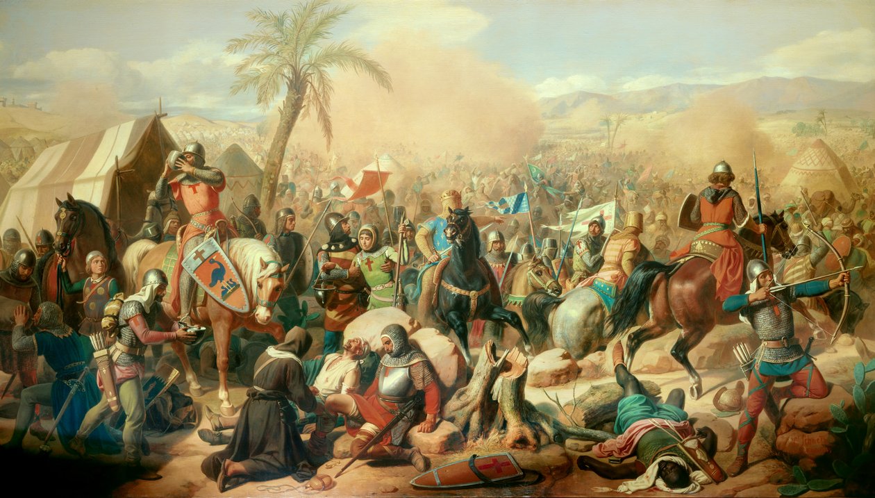 Første korstog: “” Slaget ved Ascalon 12/08/1099, seier til Godefroy de Bouillon (1061-1100) over visiren Afdal”” Maleri av Victor Schnetz (1787-1870) 1843 Søn. 3,15 x 5,56 m. Versailles. Chateau-museet av Jean Victor Schnetz