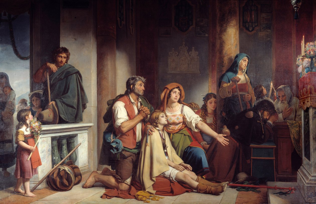 Ønsket har Vår Frue gruppe av syke og syke som ber Vår Frue. Maleri av Victor Schnetz (1787-1870) 1831 søn. 2,82x4,90 m av Jean Victor Schnetz
