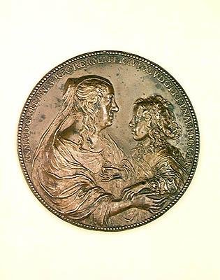 Stiftelsesmedalje av Val-de-Grace. Verso som viser Anne av Østerrike (1601-66) og hennes sønn, Louis XIV (1638-1715) 1638 (bronse) av Jean Warin