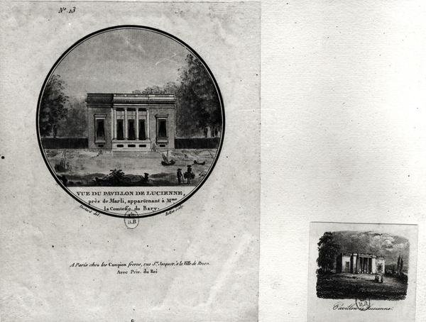 Utsikt over en paviljong i Louveciennes bygget av Claude-Nicolas Ledoux (1736-1806) for Madame du Barry (wc på papir) av Jean Testard
