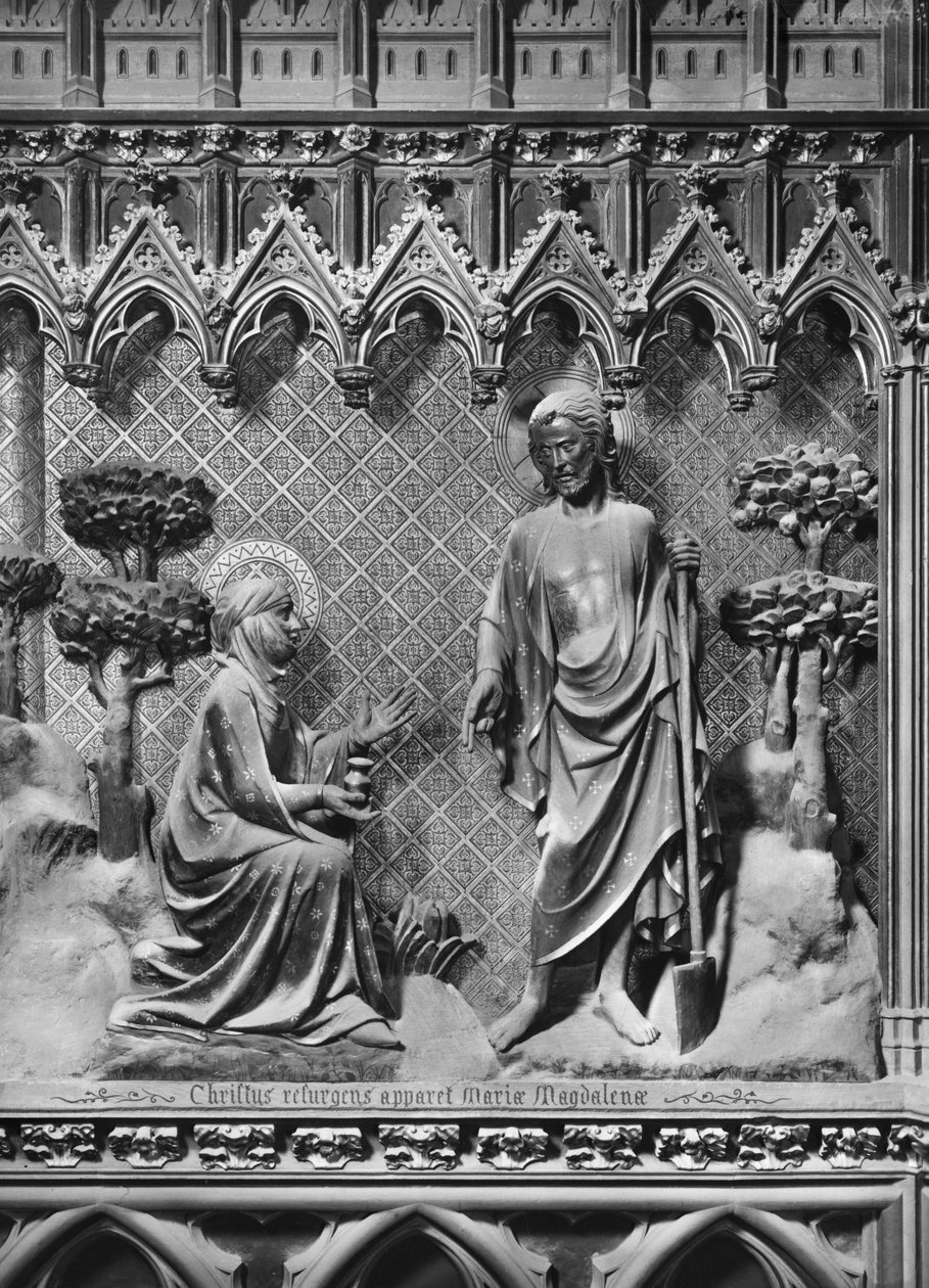 Katedral, interiør, korskjerm, Jesus Kristus viser seg for Maria Magdalena, ca. 1340-51 (polykrom stein) av Jean and Jean Le Boutellier Ravy