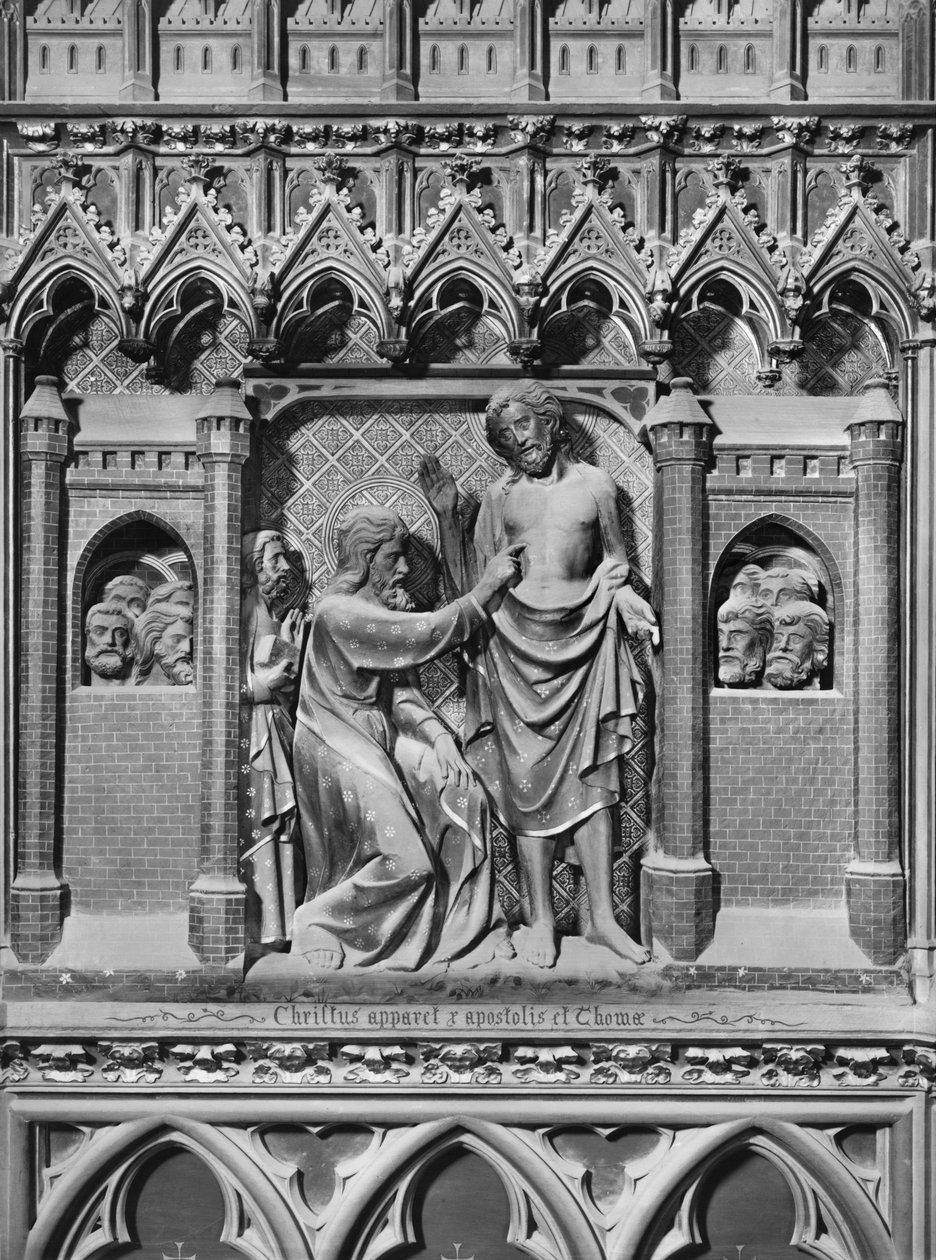 Katedral, interiør, korskjerm, Jesus Kristus som viser seg for apostlene, St. Thomas vantro, ca. 1340-51 (polykrom stein) av Jean and Jean Le Boutellier Ravy