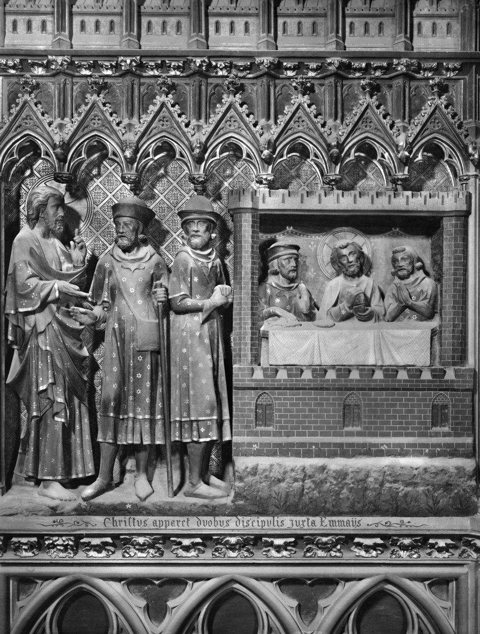 Katedral, interiør, korskjerm, Jesus Kristus viser seg for to disipler på veien til Emmaus, nattverden i Emmaus, ca. 1340-51 (polykrom stein) av Jean and Jean Le Boutellier Ravy
