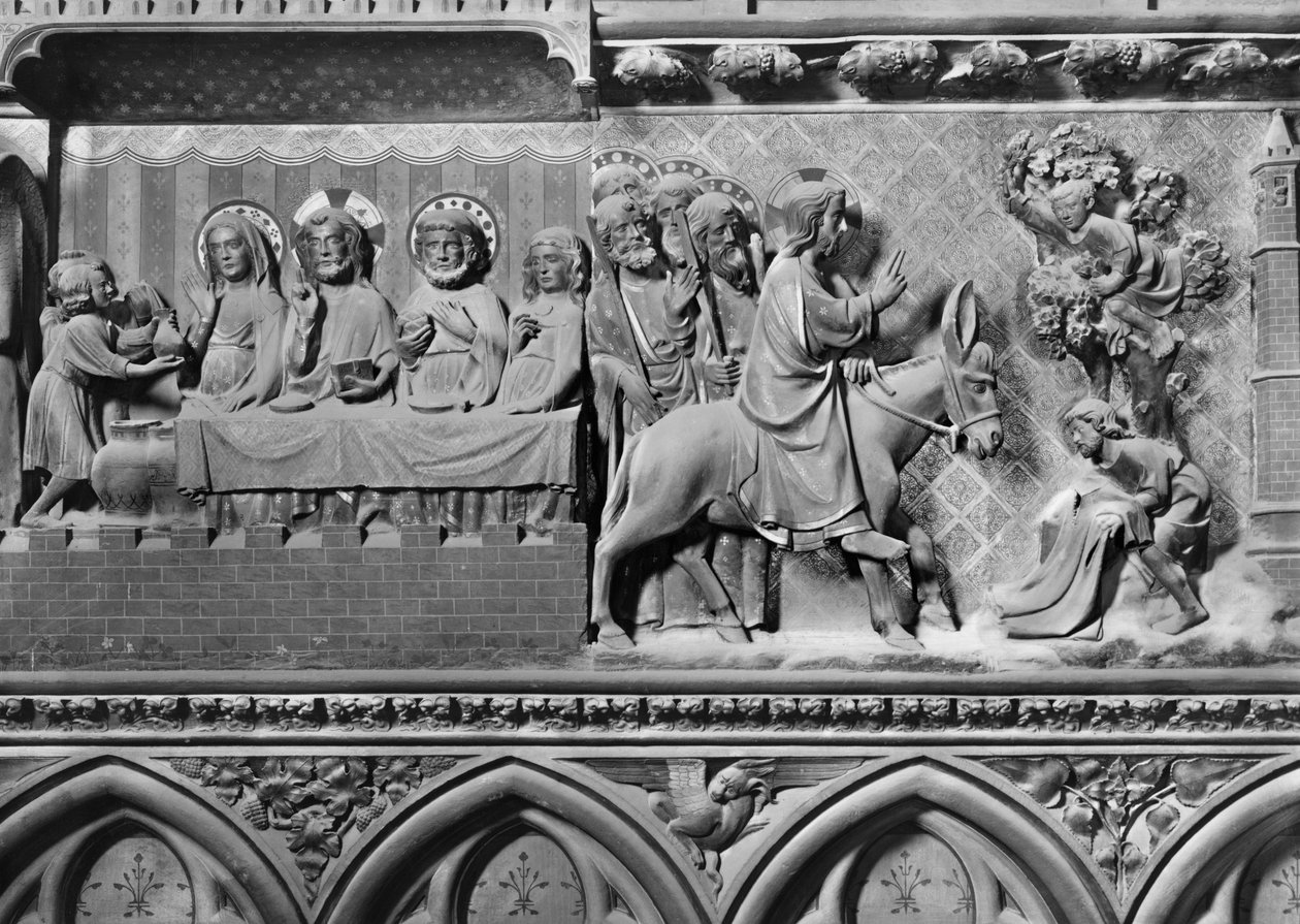 Katedral, interiør, korskjerm, ekteskap i Kana, Kristi inntog i Jerusalem, ca. 1340-51 (polykrom stein) av Jean and Jean Le Boutellier Ravy