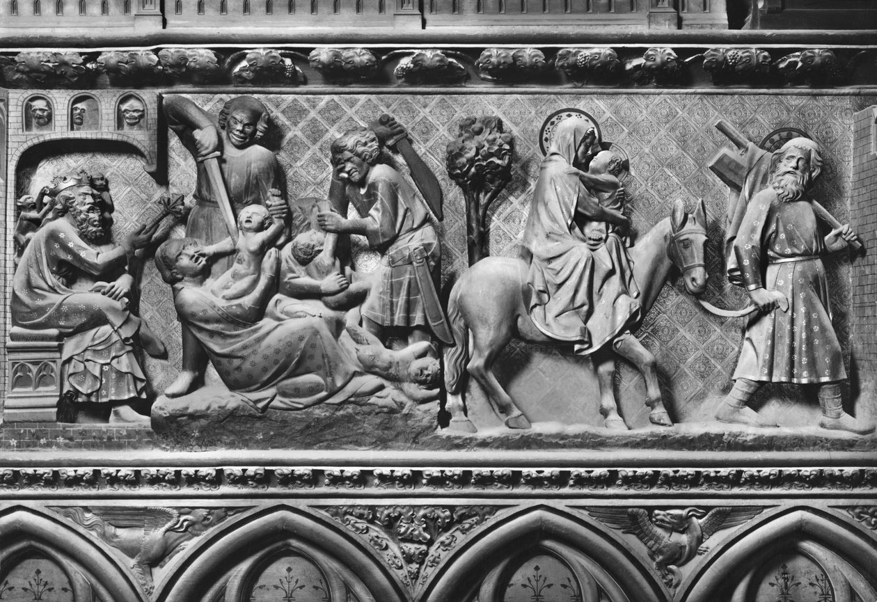 Katedral, interiør, korskjerm, Massacre of Innocents og Flight into Egypt, ca. 1340-51 (polykrom stein) av Jean and Jean Le Boutellier Ravy