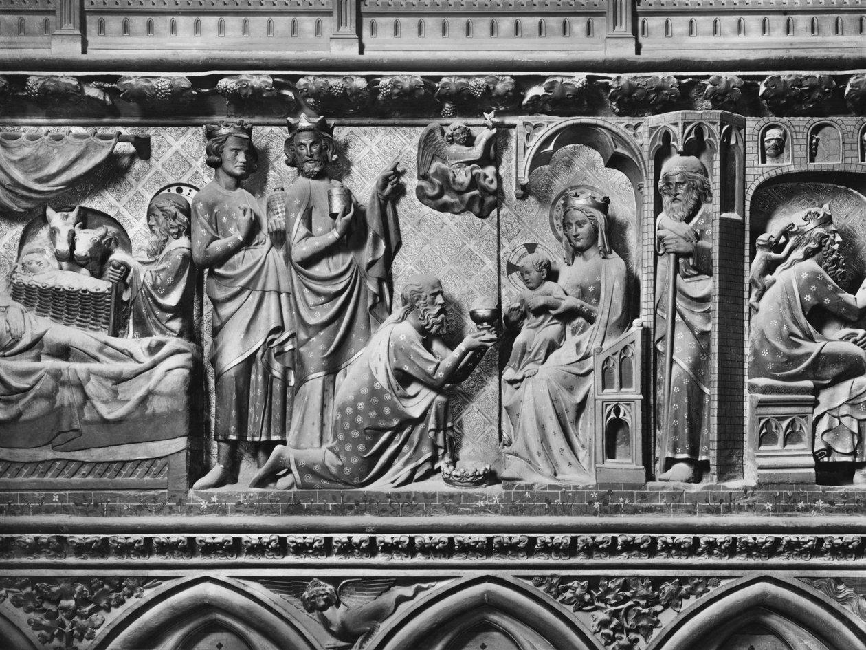Katedral, interiør, korskjerm, Nativity, Adoration of the Magi, ca. 1340-51 (polykrom stein) av Jean and Jean Le Boutellier Ravy