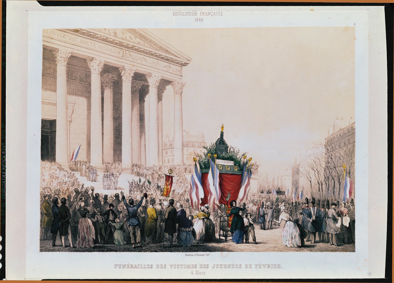 Begravelse av ofrene for opptøyene i februar 1848 ved La Madeleine-kirken, 4. mars 1848 av Jean and Raunheim, Hermann Naissant
