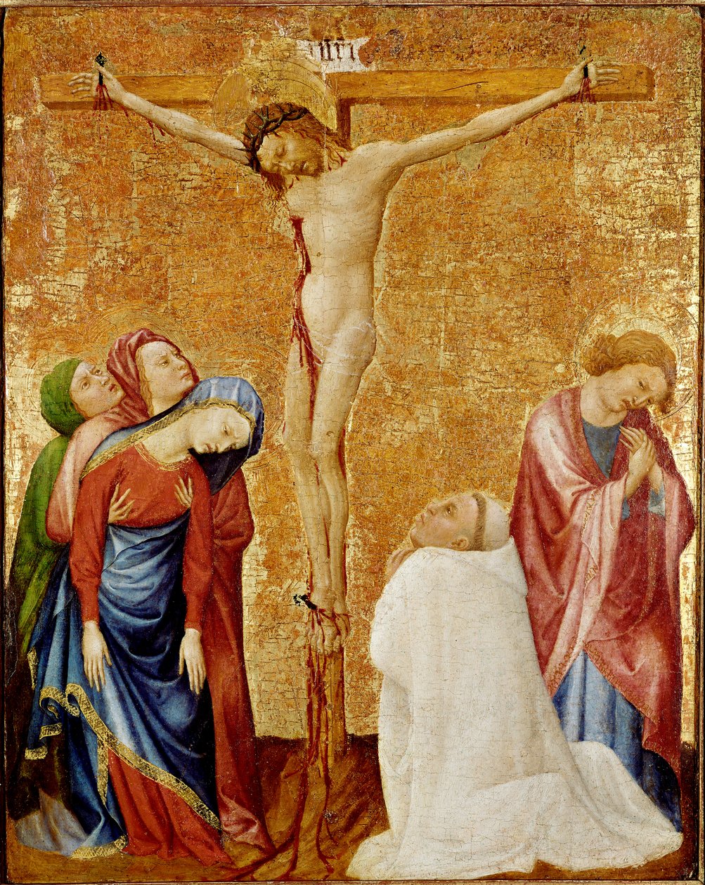 Golgata til den karteusiske munken. De tre jomfruene og den hellige Johannes omgir korset. En karteusisk munk kneler ved Kristi fot. Maleri av Jean de Beaumetz (1361-1396) av Jean de Beaumetz