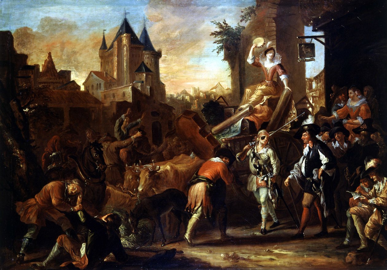 Ankomst av komikerne til Le Mans maleri som illustrerer "" The Comic Roman"" av Paul Scarron (1610-1660). Maleri av Jean-Baptiste (Jean Baptiste) Coulom (eller Coulon) (ca. 1695-1735) av Jean de Coulom