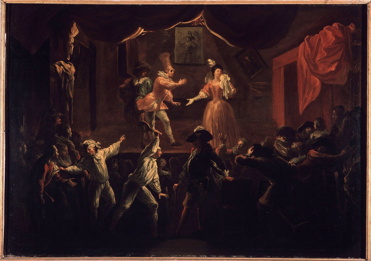 Beklagelig suksess med dette stykket. En av palmespillerne hvis klær hadde vært derobe, gir en stor racket til La Rapiniere. Maleri som illustrerer "The Comic Roman" av Paul Scarron (1610-1660). Olje på lerret av Jean-Baptiste (Jean Baptiste) Coulom (eller av Jean de Coulom