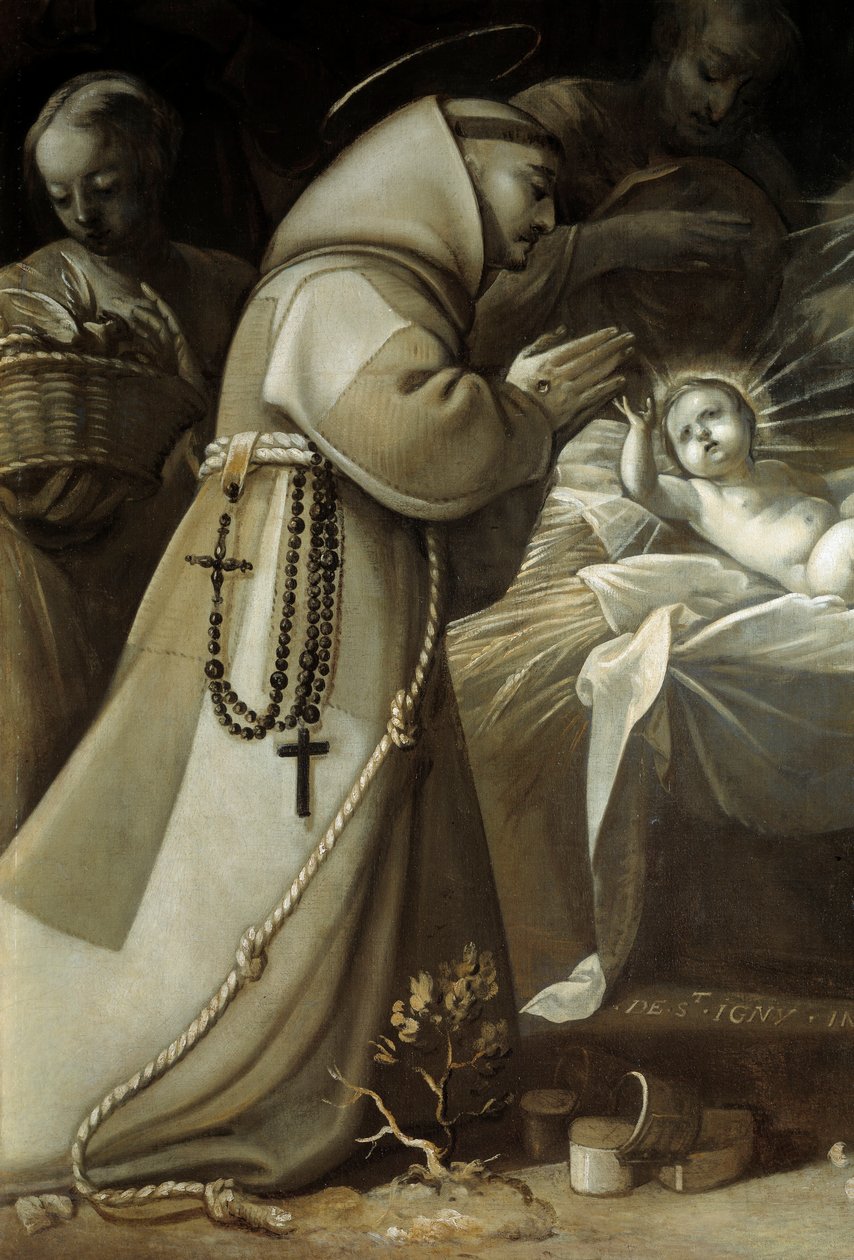 Tilbedelse av hyrdene En munk ber foran Jesusbarnet. Maleri av Jean de Saint Igny av Jean de Saint Igny