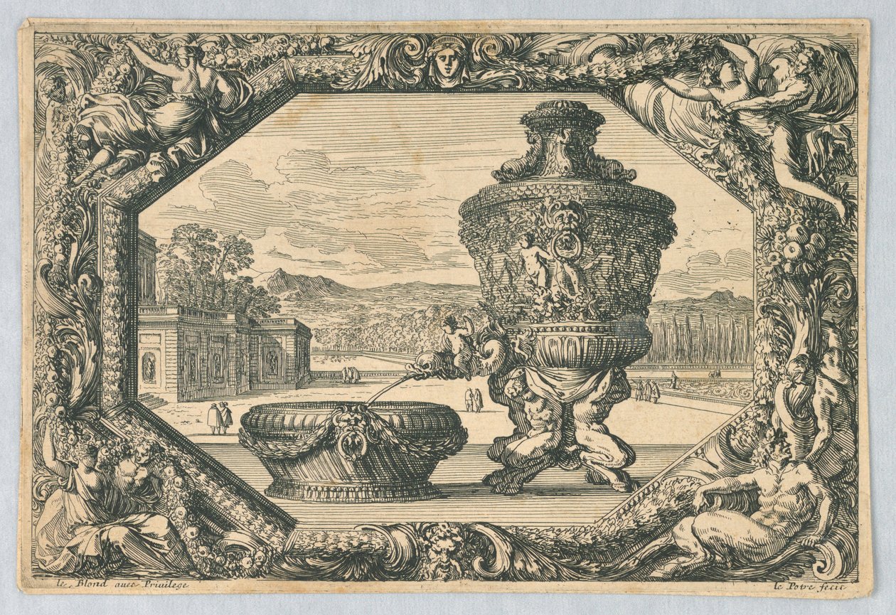 En urne og skål i Eschutcheon, fra "Fountains, Bowls and Cartridges" av Jean le Pautre