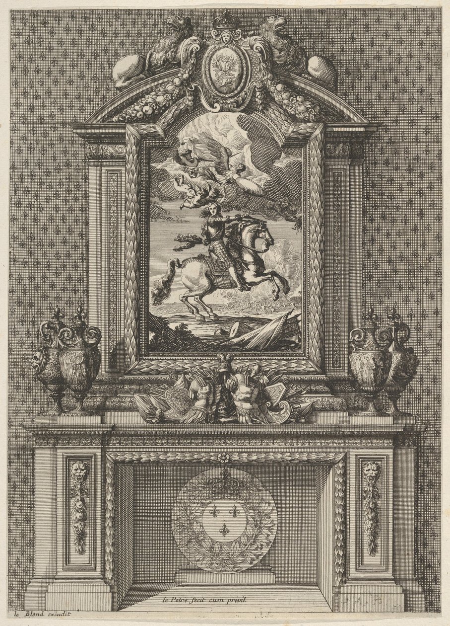 Skorstein med et maleri av Louis XIV over mantelen, fra 