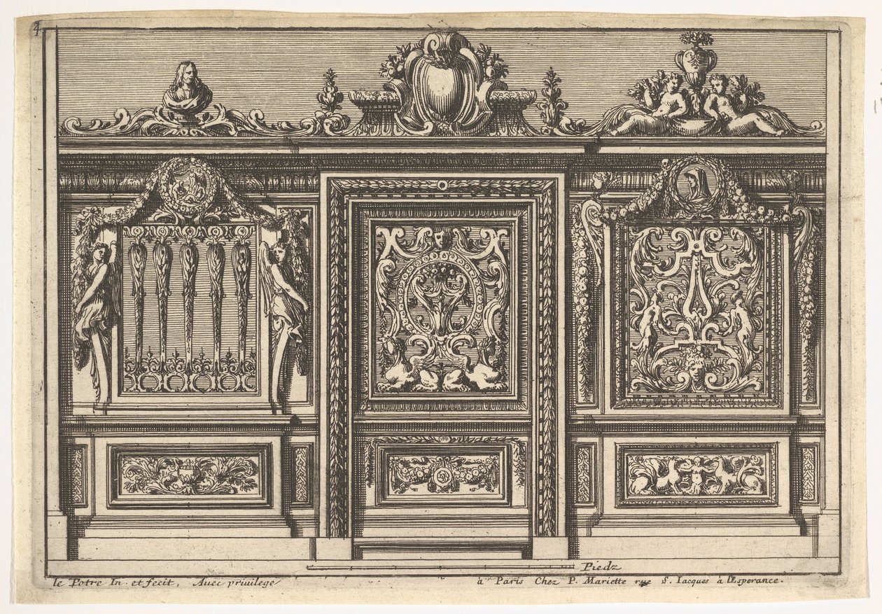 Design for en korskjerm med to varianter, fra: Clôtures de chapelles, 1600-tallet. av Jean le Pautre