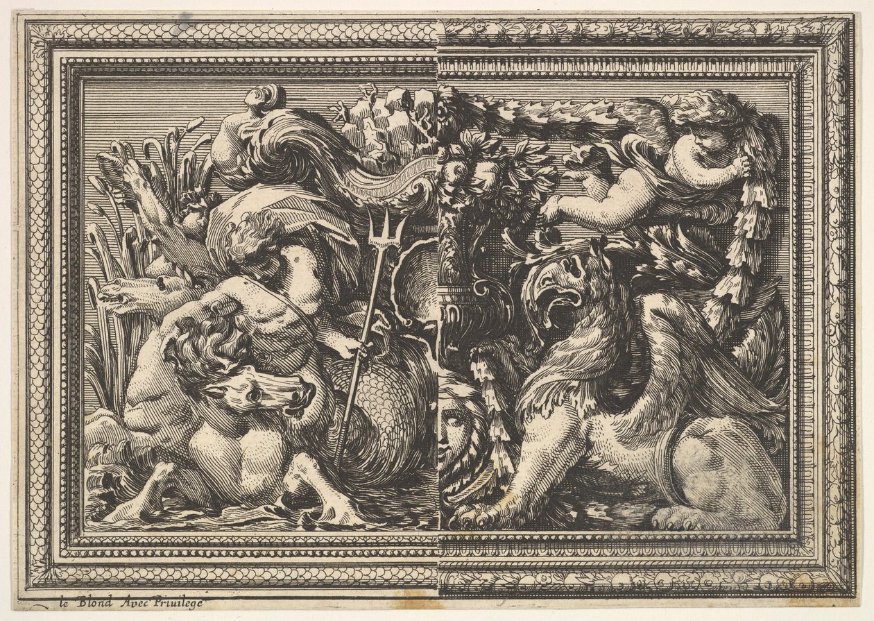 Design for et panel med to varianter som inneholder en Hippocamp og en Griffin, fra: Ornements..., 1651. av Jean le Pautre