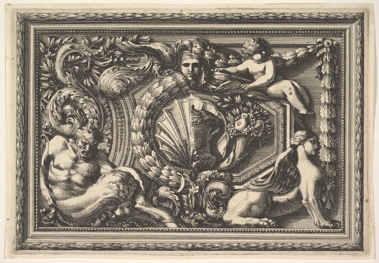 Design for et panel med to varianter som inneholder en Satyr og en Sphynx, fra: Pannea..., 1600-tallet. av Jean le Pautre