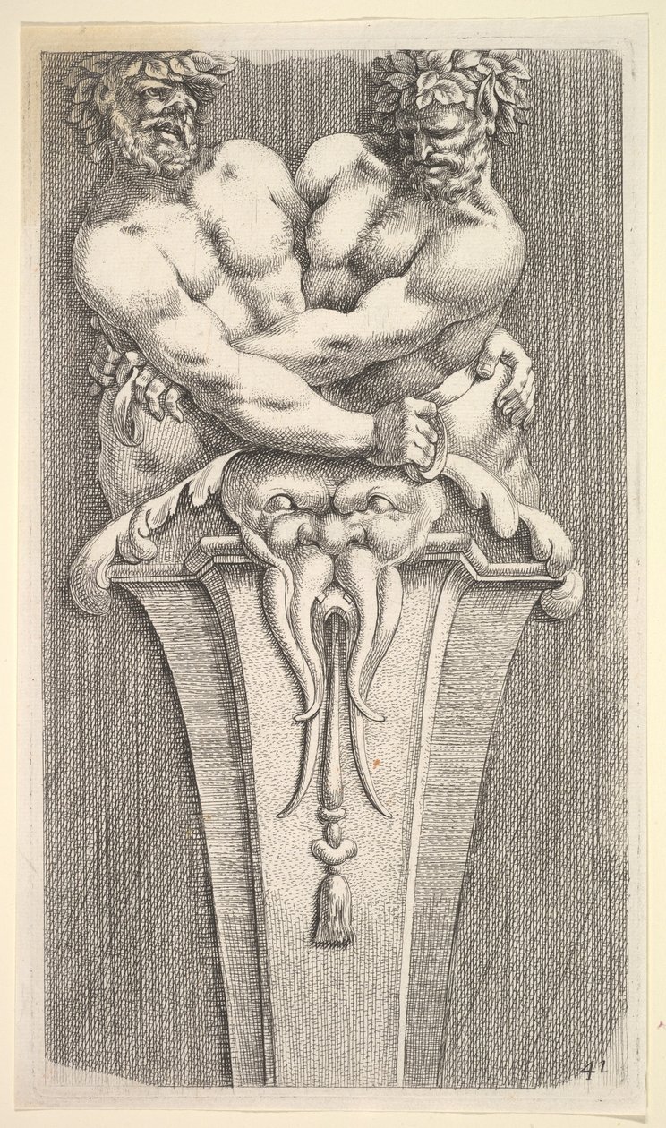 Design for a Term with Two Bacchic Figures, fra: Curieuses Recherches de Several Beaus..., 1645. av Jean le Pautre