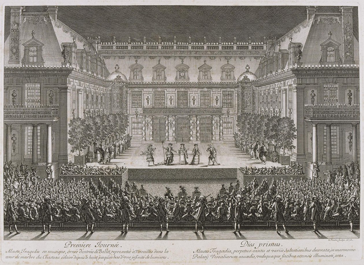 Jean-Baptiste Lullys opera Alceste blir fremført i marmorgårdsplassen ved Palace of Versail av Jean le Pautre