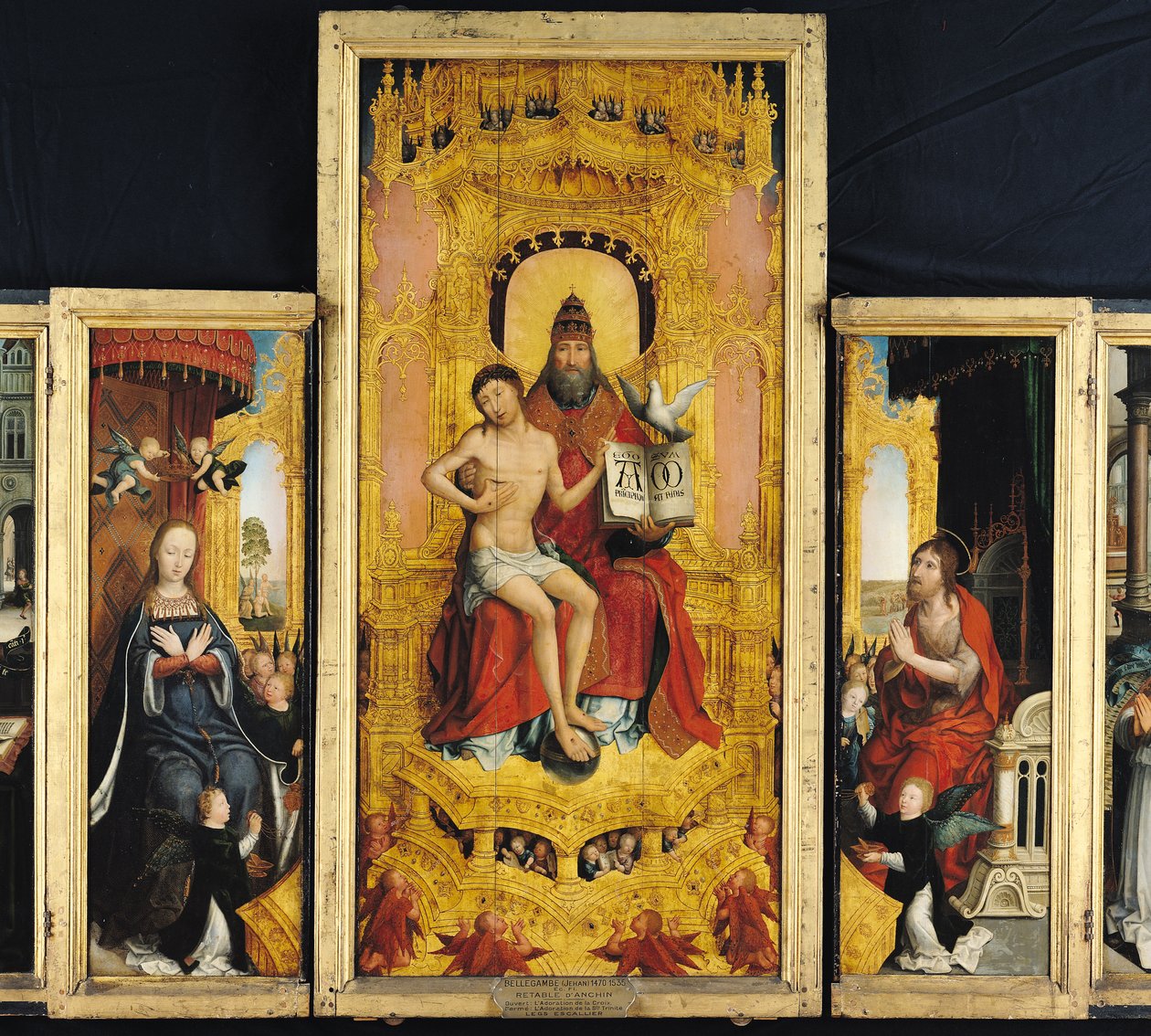 Polyptych of the glorification of the Holy Trinity, sentralt panel som viser treenigheten, jomfruen og døperen Johannes, ca. 1509-16 av Jean the Elder Bellegambe