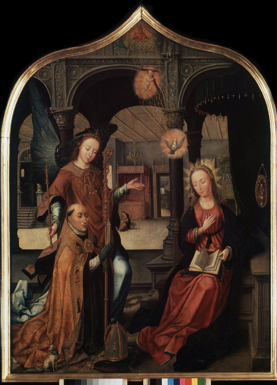 ""representasjon av kunngjøringen med skytshelgen Guillaume av Brussel"" Sentralpanel i kunngjøringens triptyk (Bebudelsen). Maleri på tre av Jean Bellegambe den eldre (1470-1534) St. Petersburg, Eremitagemuseet av Jean the Elder Bellegambe