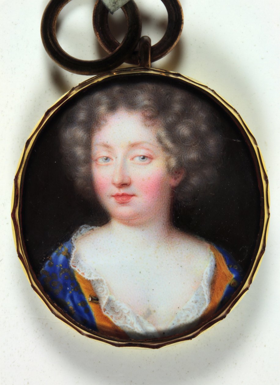 En dame i en oransje fôret blå kjole (emalje) av Jean the Elder Petitot