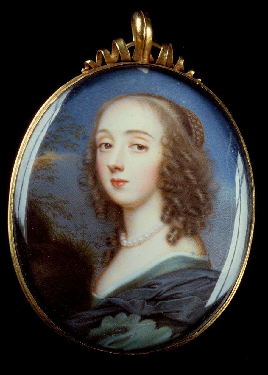 Portrett av Mademoiselle Kirk Miniatyrmaleri i medaljong av Jean Petitot the Vieux (1607-1691) 1600-tallet. Sol 0,05x0,04 m. av Jean the Elder Petitot
