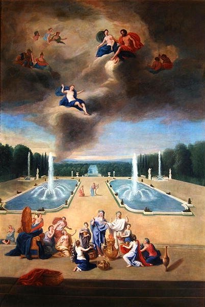 Groves of Versailles. Utsikt over vannparterren og dyreskapene, med prestinner som forbereder et offer for Venus av Jean the Younger Cotelle