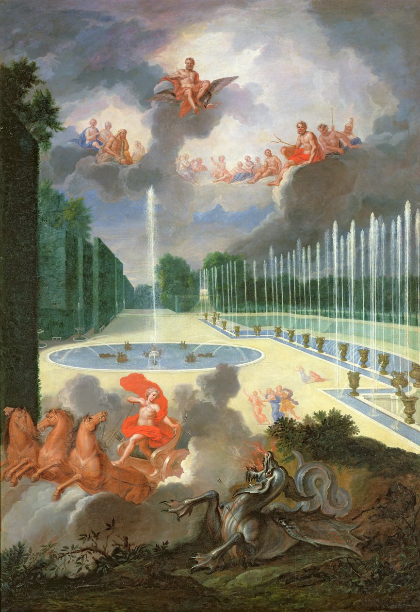Groves of Versailles. Utsikt over Dragon Pool og Pool of Neptun, med Apollo som dreper Python av Jean the Younger Cotelle