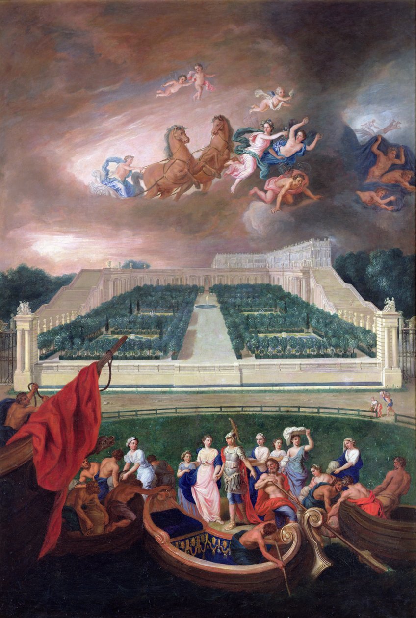 Utsikt over Orangerie og Chateau de Versailles med bortføringen av Helen, 1688 av Jean the Younger Cotelle