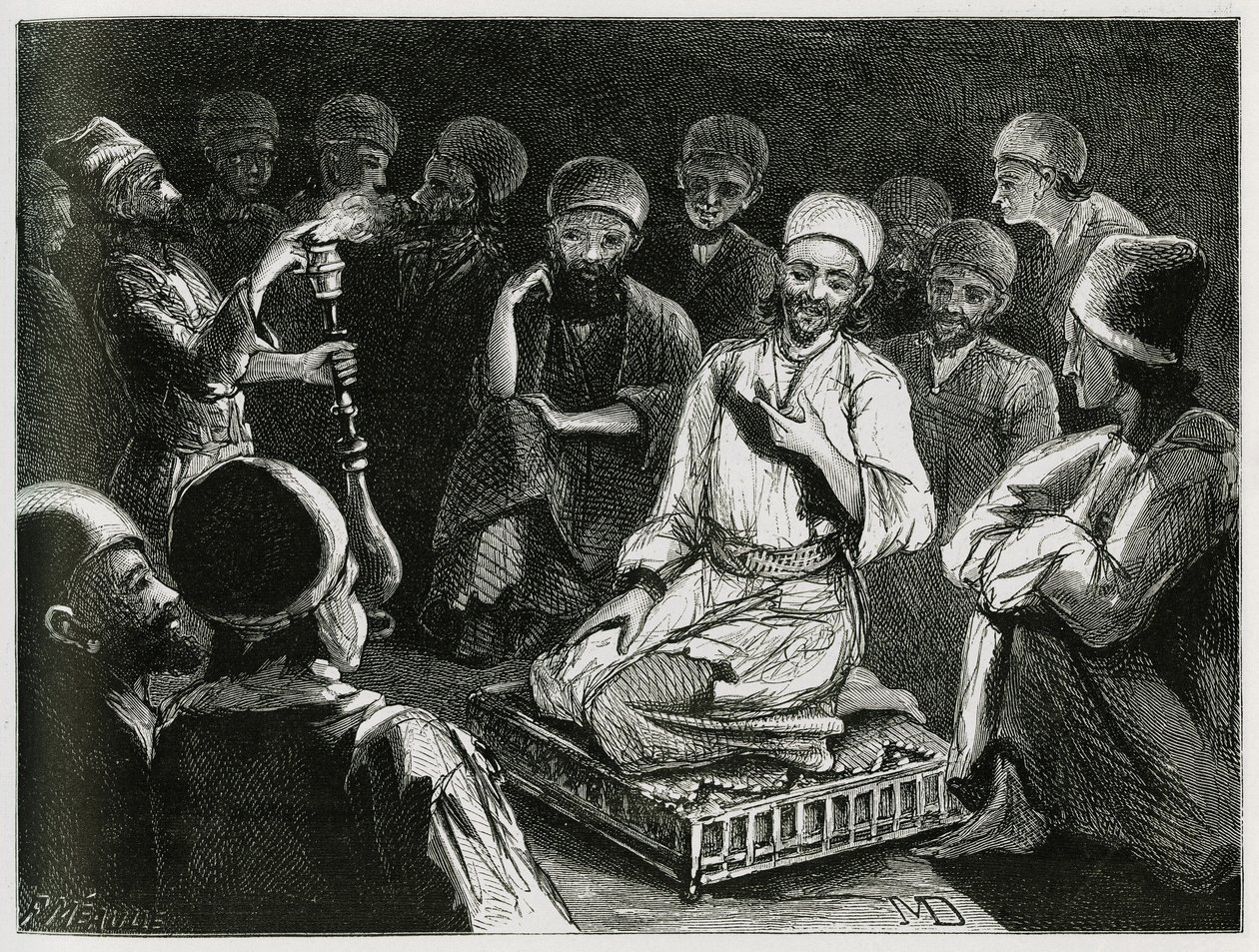 Persisk historieforteller omgir sitt publikum. Gravering av den reisende forfatteren, for å illustrere historien "" Persia, Chaldee og Susiane"" av Jeanne Dieulafoy