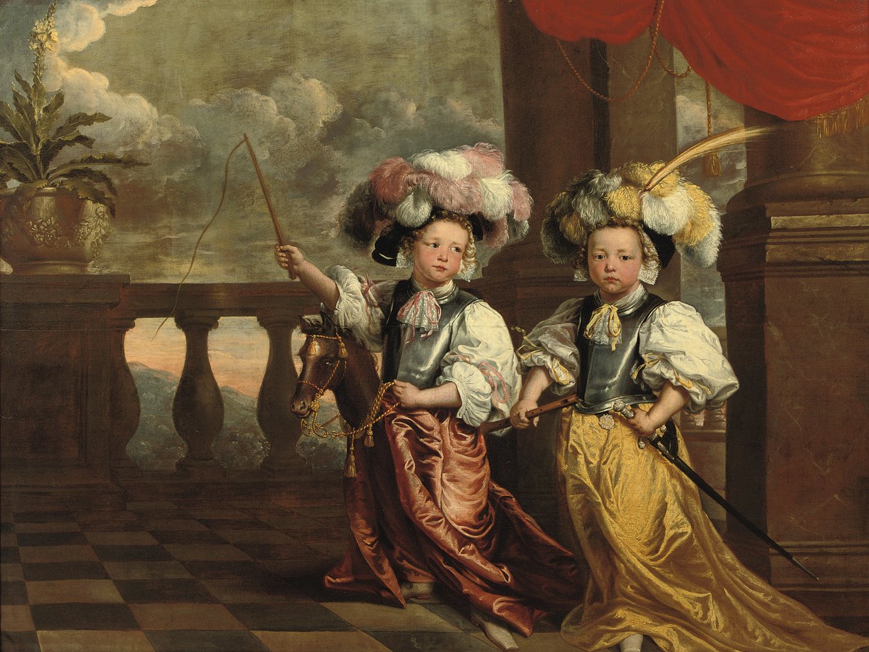 Et dobbeltportrett av to gutter, i full lengde, kledd som riddere, den ene holder en fløyte, den andre på en hobbyhest med en pisk, begge stående på en balkong, 1668 av Jeanne Vergouwen