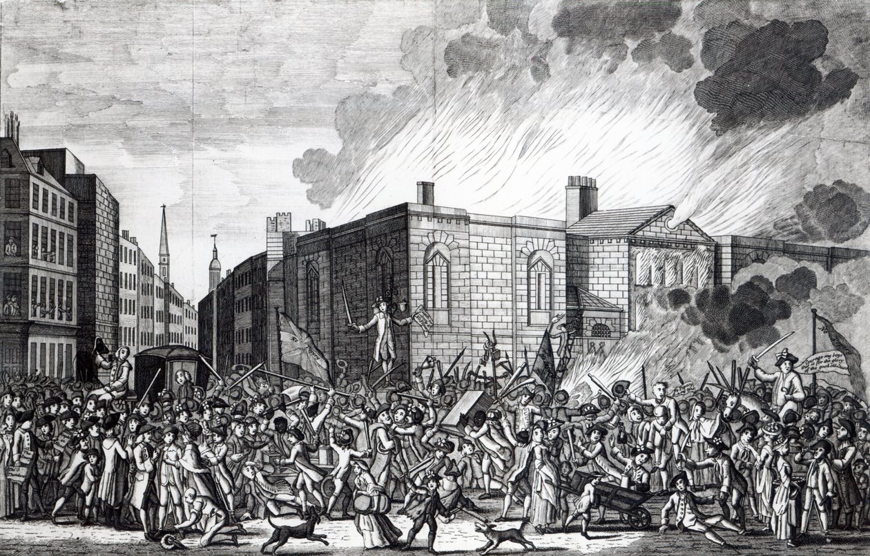 En nøyaktig representasjon av brenningen, plyndringen og ødeleggelsen av Newgate av opprørerne den minneverdige 7. juni 1780, gravert av Henry Roberts, 1781 av Jefferyes Hammett O