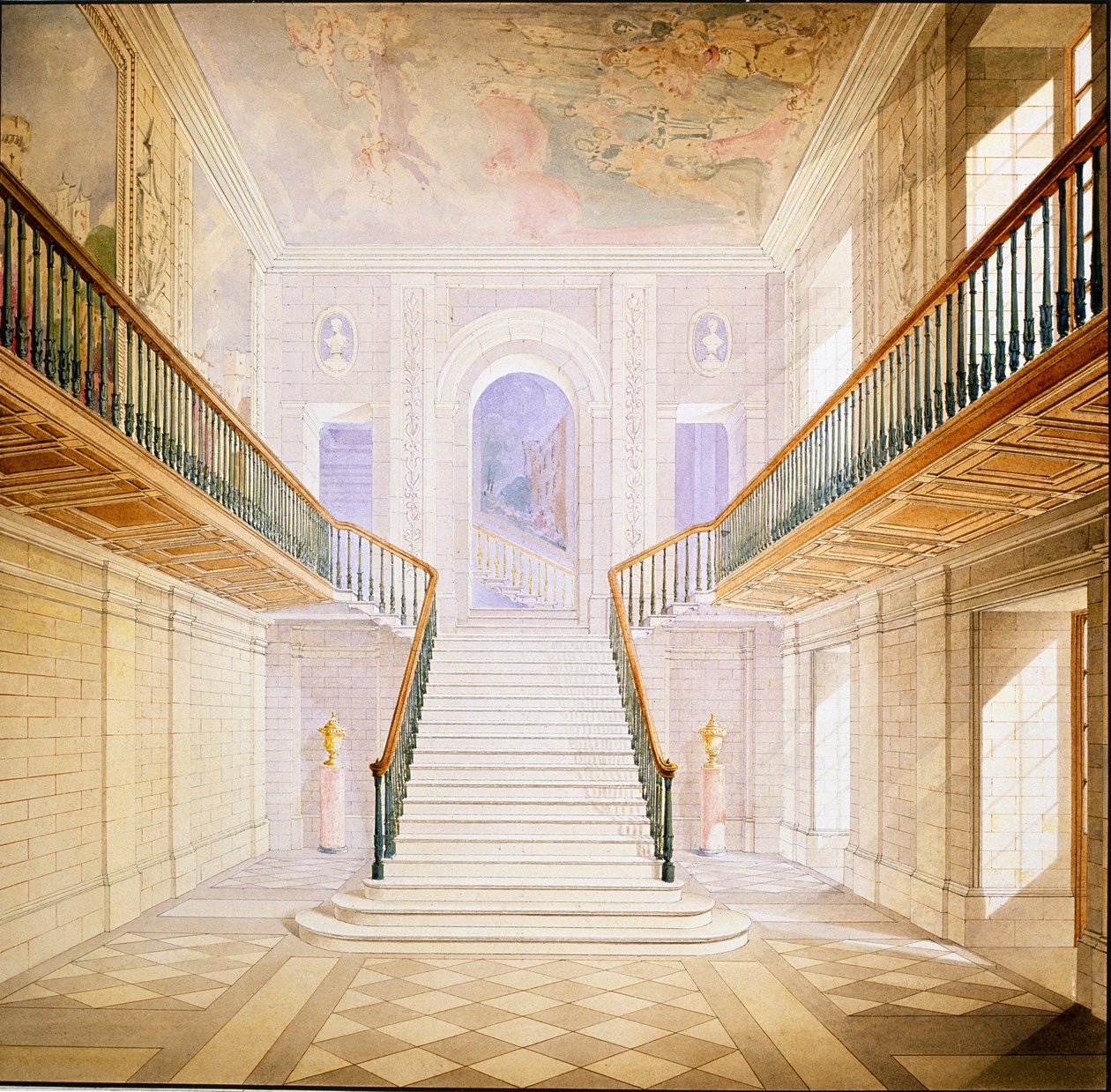 Design for en trapp i Painted Hall, Chatsworth (akvarell på papir) av Jeffry Wyatville