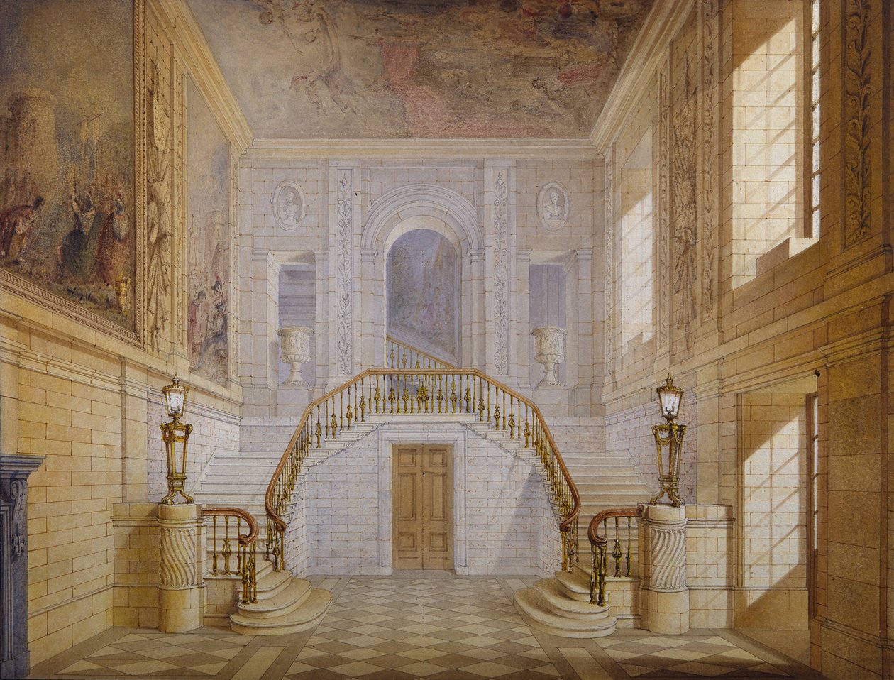 Design for en trapp i Painted Hall, Chatsworth (akvarell på papir) av Jeffry Wyatville