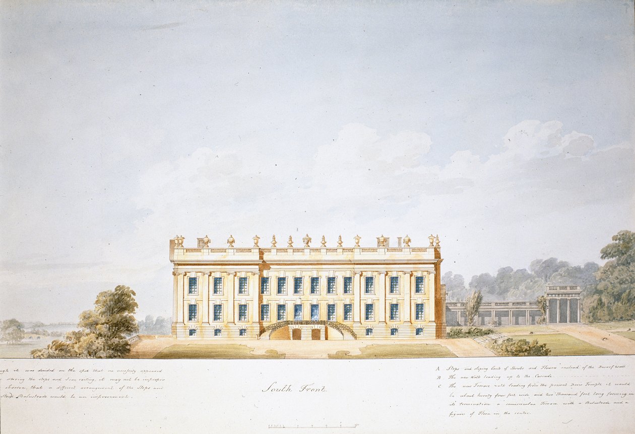 Design for sørfronten, Chatsworth House (akvarell på papir) av Jeffry Wyatville
